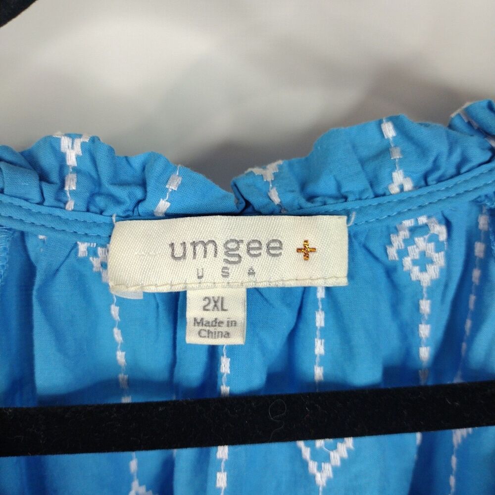 Umgee Collar Split Neck Short Ruffle Sleeves Tiered Mini Dress Plus Sz 2X Blue - Picture 7 of 9